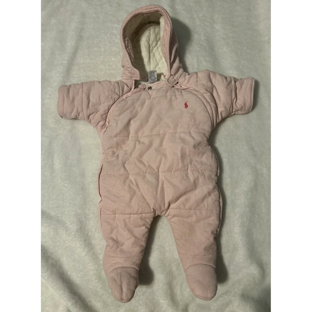 Polo‎ Ralph Lauren Baby Hooded Snowsuit Pink Sz 3 months Quilted One piece